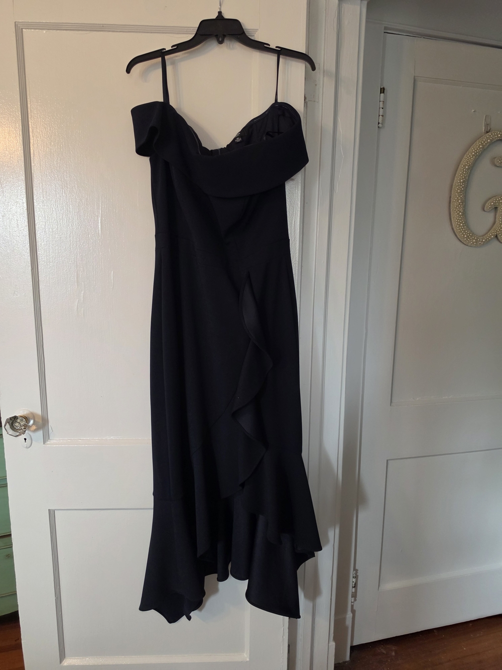 NAVY Asymmetrical Ruffle Off-Shoulder GOWN, MOTHER OF THE BRIDE